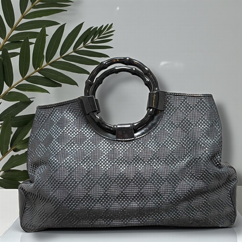 Talbots Black Woven Tote‎ Bag with Bamboo Style Circular Handles